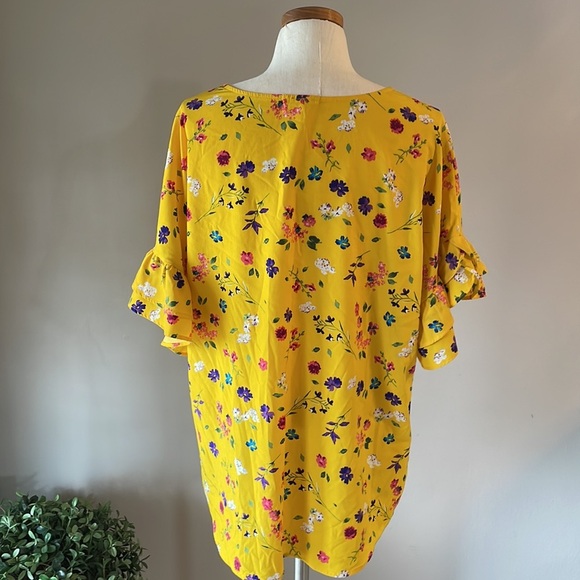 PLEIONE yellow floral garden blouse shirt sleeve tiered ruffle size XL - Picture 4 of 10